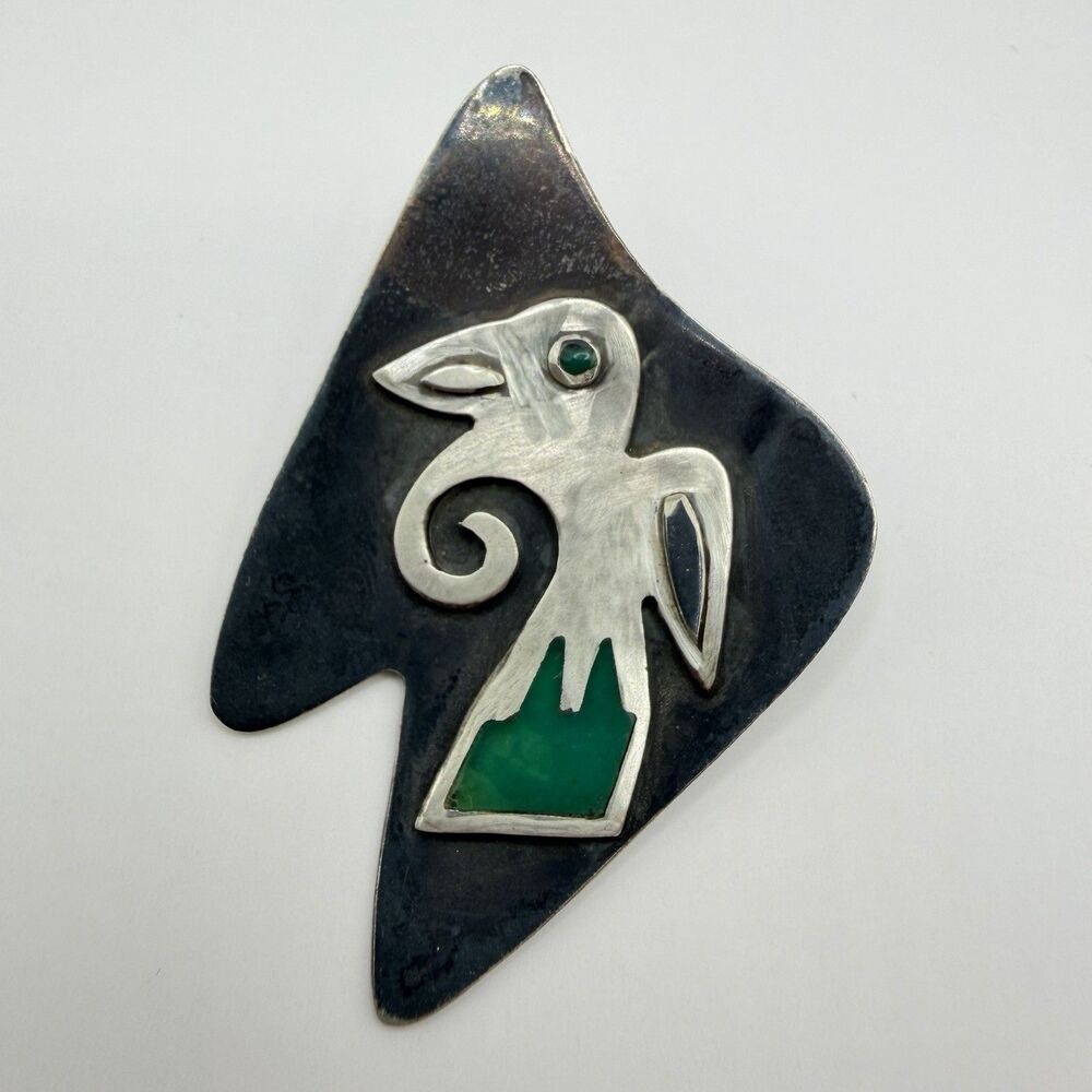 Stella Popowski Mexico 925 Sterling Silver Bird Brooch Green Inlay 12.7g